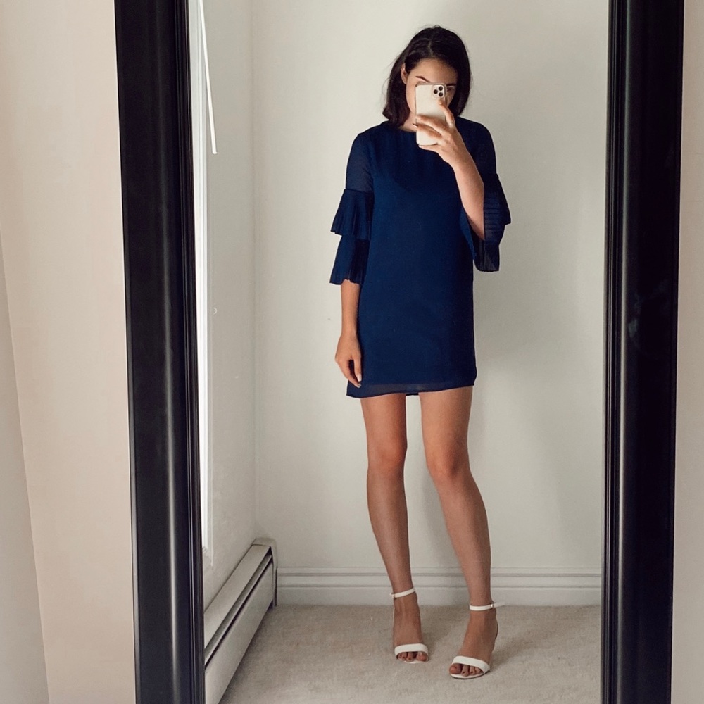 Lulus Ruffle Sleeve Navy Blue Shift Dress - Picture 3 of 8
